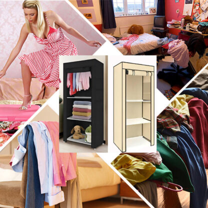 PRACTICAL FABRIC CANVAS WARDROBE HANGING RAIL SHELVING CLOTHES STORAGE CUPBOARD - Image 3