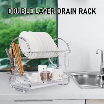2 Tier Dish Drainer Rack With Drip Tray Kitchen Drying Rack Bowl Plate Holder UK - Image 9