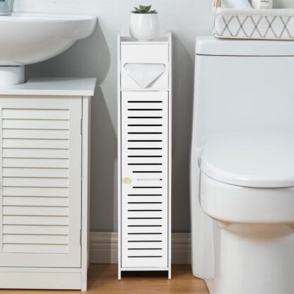 Wooden White Free Standing Toilet Paper Roll Holder Bathroom Storage Cabinet UK - Image 4