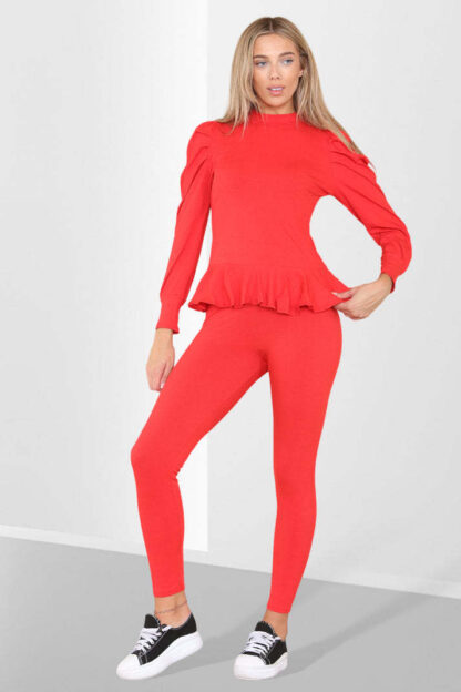 Puff Sleeves Set Frill Hem Peplum Ribbed Lounge Wear Suit - Image 4