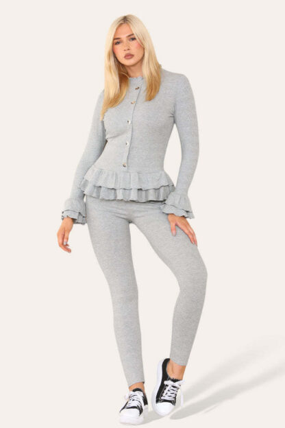 Long Sleeves Peplum Front Buttons Frilled Hem Lounge Wear Set - Image 3