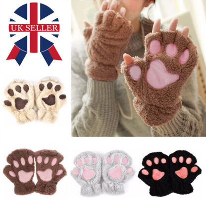 Women Plush Cat Paw Claw Gloves Warm Bear Paw Fingerless Mittens Winter Gloves - Image 5