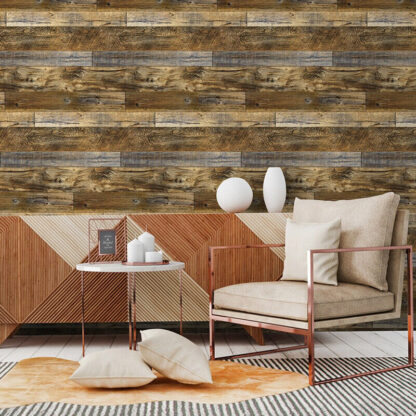 Wood Plank Effect Neutral Rustic Natural Distressed Realistic Wallpaper Cabin - Image 3
