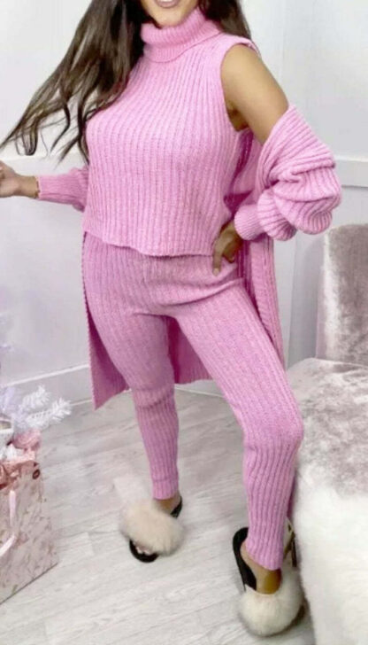 Ladies 3 Piece Suit Roll Neck Chunky Knitted Ribbed Tracksuit Lounge Set - Image 3