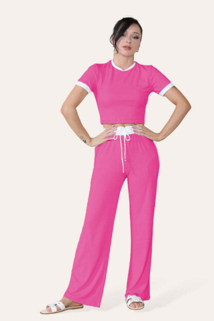 Ribbed Contrast Wide Leg Flared Trousers And Top Loungewear TRS Cropped Set - Image 4