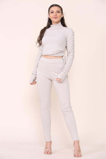 High Neck Ruched Side Arm Solid Drawstrings Ribbed Tee And Leggings Set - Image 7