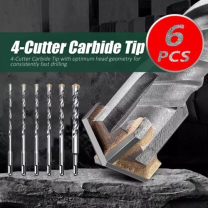 6PCS Hammer Drill Bits SDS  Plus Set Concrete Masonry Granite Fit - Image 2