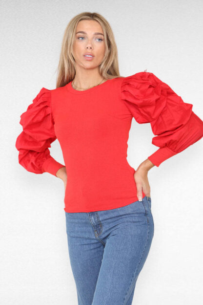 Oversized Puff Sleeves Ribbed Top - Image 4