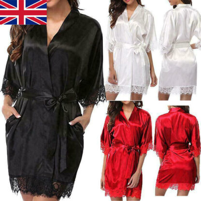 UK Satin Robe Wedding Bride Bridesmaid Kimono Dressing Gown Sleepwear Bathrobe - Image 3
