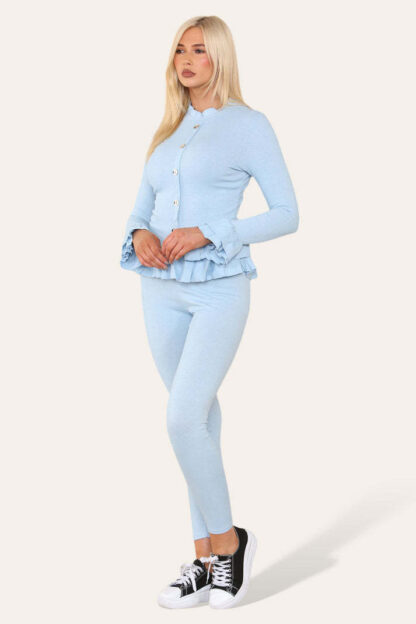 Long Sleeves Peplum Front Buttons Frilled Hem Lounge Wear Set
