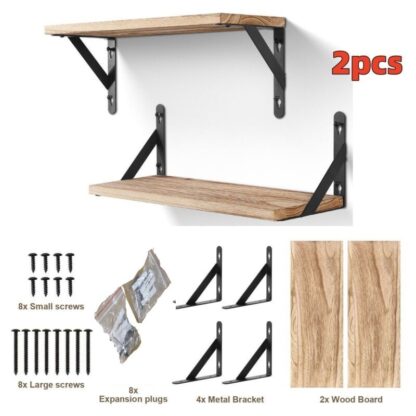 2x Wooden Floating Shelves Wall Mounted Display Storage Hold Rustic Industrial - Image 8