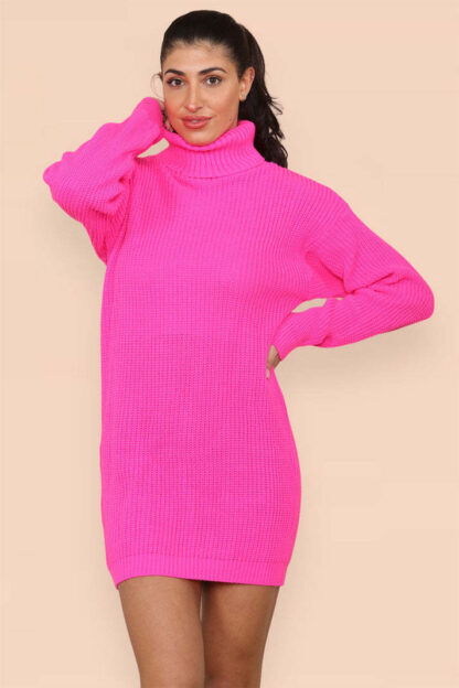 Polo Roll Neck Over Sized Ribbed Knitted Florescent Chunky Sweater Jumper Dress - Image 9