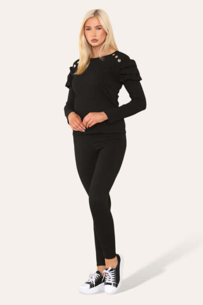 Frilled Sleeves Set Shoulder Golden Button Lounge Wear Suit