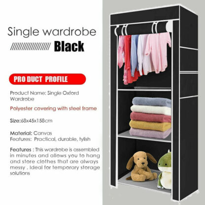 PRACTICAL FABRIC CANVAS WARDROBE HANGING RAIL SHELVING CLOTHES STORAGE CUPBOARD - Image 10