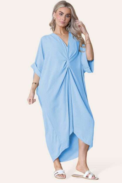 Womens V-Neck Tie Knotted Twisted Front Oversized Longline Midi Dress - Image 10