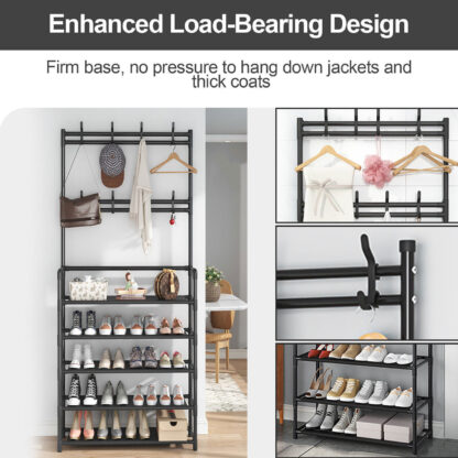 New Coat And Hat Stand 8 Hooks Metal Shoe Rack 5 Tiers Shelf Hanger Black - Image 4