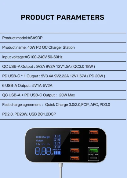 40W 8 Ports USB Car Charger QC3.0 PD Type C Fast Phone Charger with LED Display Multi USB Charger for iPhone 14 Android Samsung - Image 14