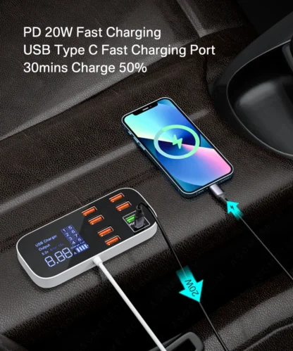 40W 8 Ports USB Car Charger QC3.0 PD Type C Fast Phone Charger with LED Display Multi USB Charger for iPhone 14 Android Samsung - Image 10