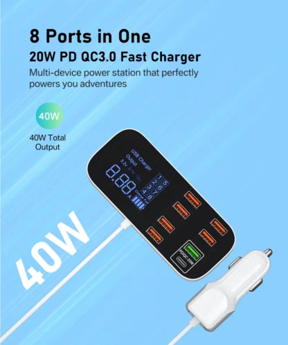 40W 8 Ports USB Car Charger QC3.0 PD Type C Fast Phone Charger with LED Display Multi USB Charger for iPhone 14 Android Samsung - Image 8
