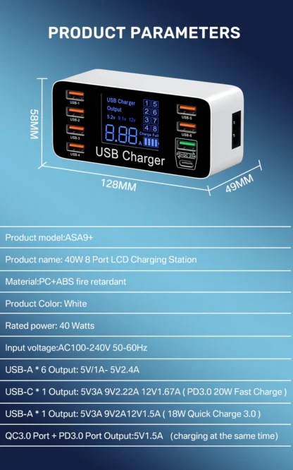 8 Ports Fast Charging USB Charger QC3.0 Quick Charge Type C Smart Charger Station LCD Digital Display USB Multi-port for Phone - Image 16