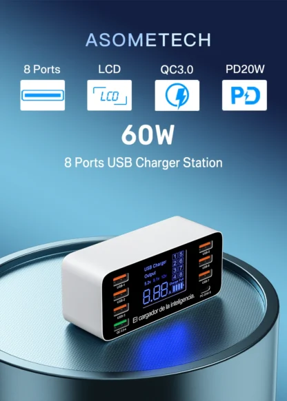 8 Ports Fast Charging USB Charger QC3.0 Quick Charge Type C Smart Charger Station LCD Digital Display USB Multi-port for Phone - Image 9