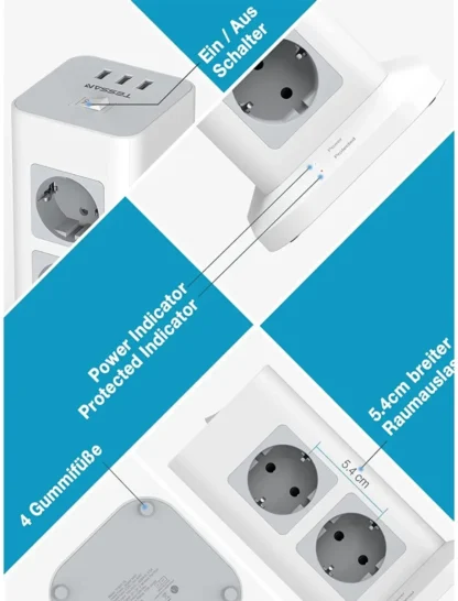 TESSAN Tower Power Strip Multi Outlets with USB A +1 Type C 2M Extension Cable EU Plug Vertical Electric Socket Surge Protection - Image 22