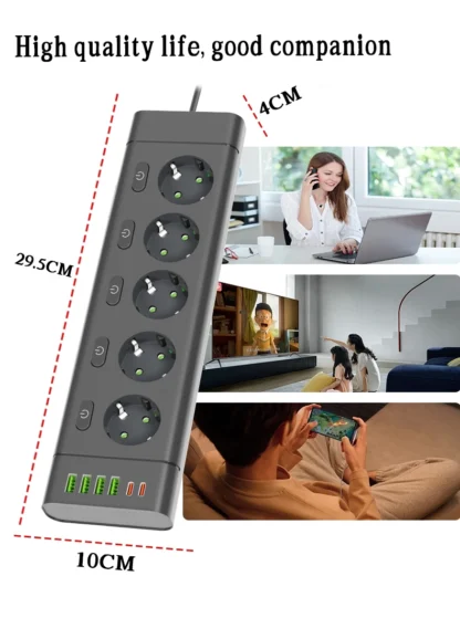EU Plug Power Strip Multiple Independent Control Outlet Sockets 2m Extension Cord Electrical Socket with 4 USB 2 Type-C Ports - Image 25