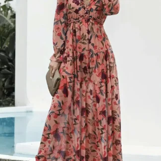 【Plus Size】 Floral Print V Neck Dress, Casual Fashion Long Sleeve Dress for Daily Outdoor Wear, Women Clothing for Spring Fall