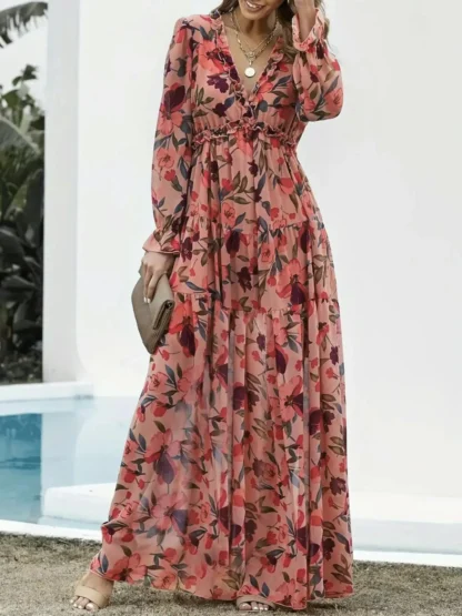 【Plus Size】 Floral Print V Neck Dress, Casual Fashion Long Sleeve Dress for Daily Outdoor Wear, Women Clothing for Spring Fall