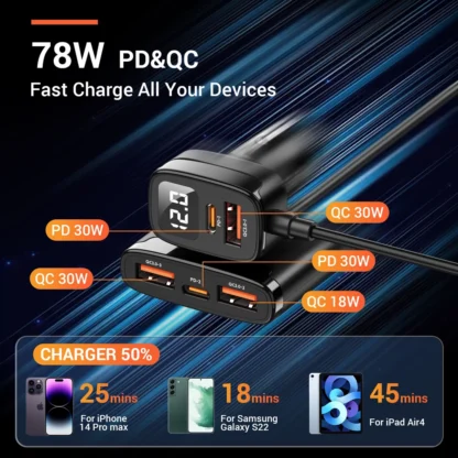 ASOMETECH 5 Port USB Car Charger 78W SCP PPS AFC USB Type C Fast Charging For iPhone 14 13 Pro Huawei Xiaomi Samsung S22 Ultra - Image 11