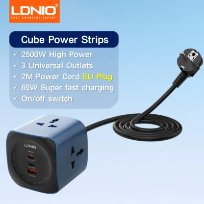 Cube Power Strip LDNIO 65W Charging Stations 2M Electric Extension Power Cord EU UK US Plug USB C Adapter Socket Surge Protector - Image 10