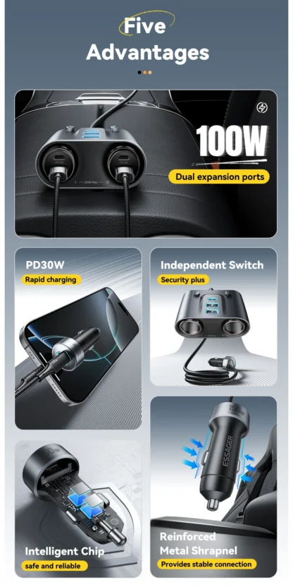 Essager 150W USB C Car Charger 2 in 1 100W Dual Cigarette Lighter Splitter 5 Ports QC 3.0 PD 3.0 Fast Charging For Mobile Phone - Image 9