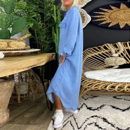 Women's L-5XL Plus Size  Fashion Long Dress Long Sleeve Shirt Dress Women's Denim Long Dress Pocket Button Shirt Casual Loose - Image 12