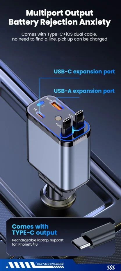 120W Retractable Car Charger Fast Charging USB Type C Car Phone Charger Adapter With USBC Cable For Iphone Xiaomi Huawei Samsung - Image 10