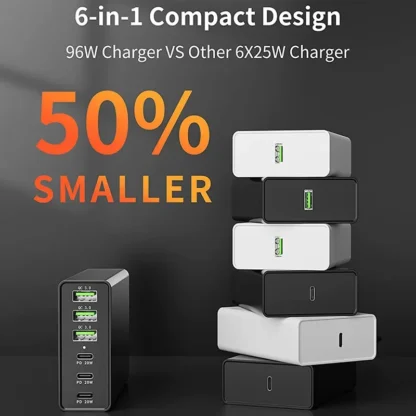 96W 6-Ports Desktop USB Charging Station with 3 USB-C Ports and 3 QC3.0 Ports, PD 20W Fast Charger for iPhone 13 iPad Samsung - Image 5