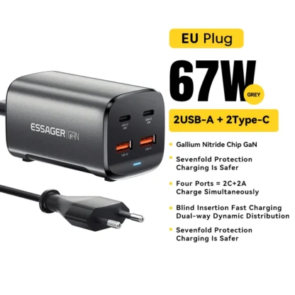 Essager 67W USB C GaN Charger Desktop Quick Charge 4.0 QC 3.0 PD Type C Fast Charging For MacBook Samsung POPC iPhone 15 Laptop - Image 9