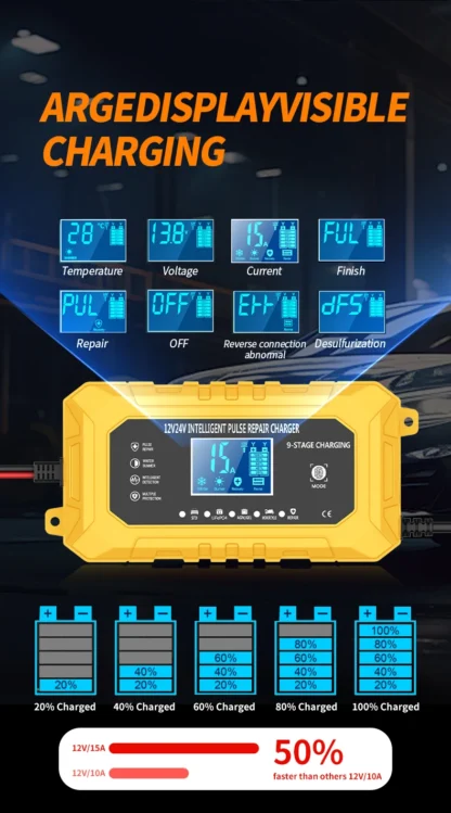 UK Plug Smart Car Battery Charger 12V15A/24V8A LCD Display Pulse Repair for AGM Gel Wet Lead Acid Lithium Batteries - Image 12