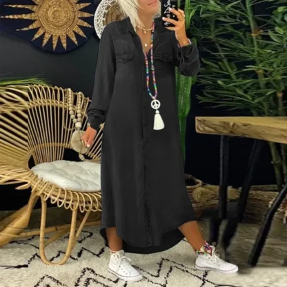Women's L-5XL Plus Size  Fashion Long Dress Long Sleeve Shirt Dress Women's Denim Long Dress Pocket Button Shirt Casual Loose - Image 11