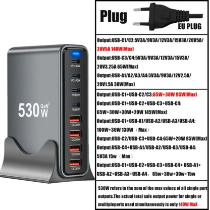 530W GaN USB Charger 8 Ports Desktop Charging Station PD3.1 QC3.0 USB Type C Fast Charge For iPhone 15 14/Samsung/Xiaomi MacBook - Image 8