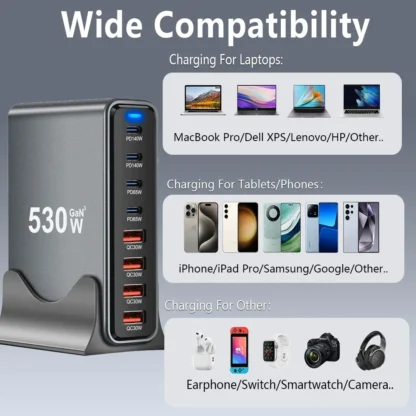 530W GaN USB Charger 8 Ports Desktop Charging Station PD3.1 QC3.0 USB Type C Fast Charge For iPhone 15 14/Samsung/Xiaomi MacBook - Image 3
