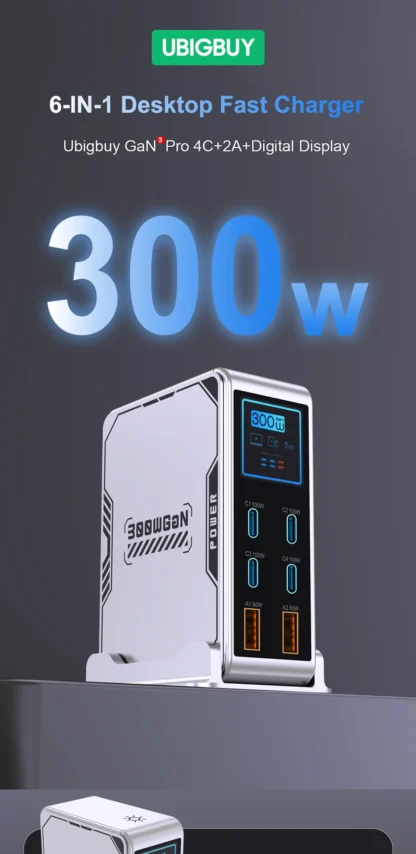 Ubigbuy 300W GaN Charger PPS PD 100W USB Type C 6-Port Digital Display Desktop Fast Charging Station for MacBook iPhone Samsung - Image 13
