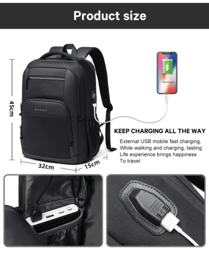 BANGE Travel Waterproof Backpack with USB Charging Port Fit 15.6 Inch Laptop Backpacks for Men and Women, Teenager School Bags - Image 16