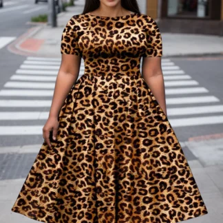 Fashion Leopard Printed Plus Size Dresses Short Sleeve Round Neck Vintage Afican Casual Pleated A-Line Summer Streetwear Dresses