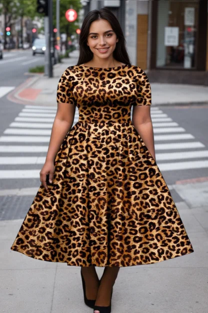 Fashion Leopard Printed Plus Size Dresses Short Sleeve Round Neck Vintage Afican Casual Pleated A-Line Summer Streetwear Dresses