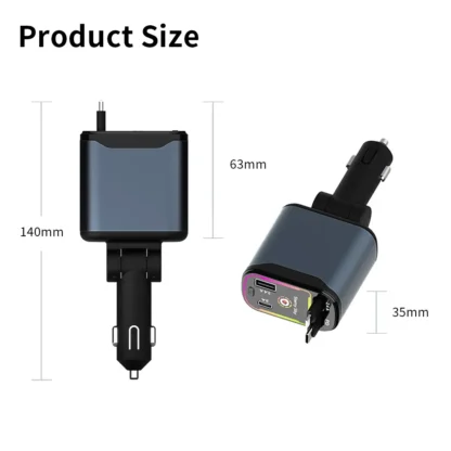 4-in-1 Retractable Car Charger, 66 Watt Fast Charging with Ambient Lighting + Red Star Top Firing Light with 2 USB Port Plugs, - Image 5