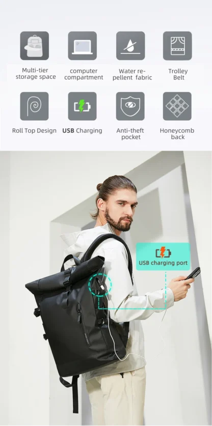 HK Expandable Travel Backpack Men Large Capacity Waterproof 15.6” Laptop Bag Hiking Rucksack Cycling Daypack Bag with USB Port - Image 16