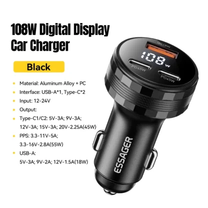 Essager USB C Car Charger 3 Ports 108W Type C Fast Charge PPS PD3.0 QC Car Phone Charger For  iPhone 16 15 Samsung Huawei Xiaomi - Image 7