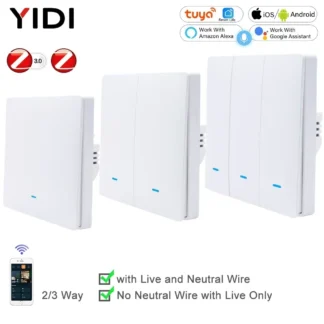 ZigBee Tuya Wall Light Switch Wireless Remote Smart Home Life APP Push Button with no Neutral 2 3 Way UK EU On Off 1 2 3 Gang
