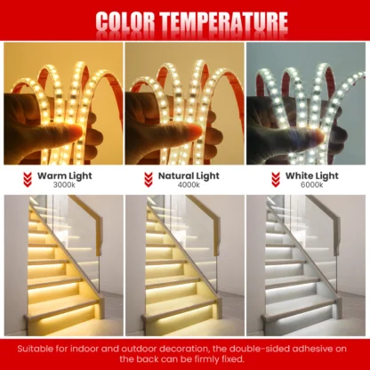 AC220V LED Strip Lights EU UK Plug SMD2835 120LEDs/m Waterproof Lamp With Adhesive Tape Warm/Natural/Cool White Red Blue Yellow - Image 2