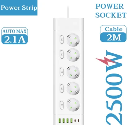 EU Plug Power Strip Multiple Independent Control Outlet Sockets 2m Extension Cord Electrical Socket with 4 USB 2 Type-C Ports - Image 8
